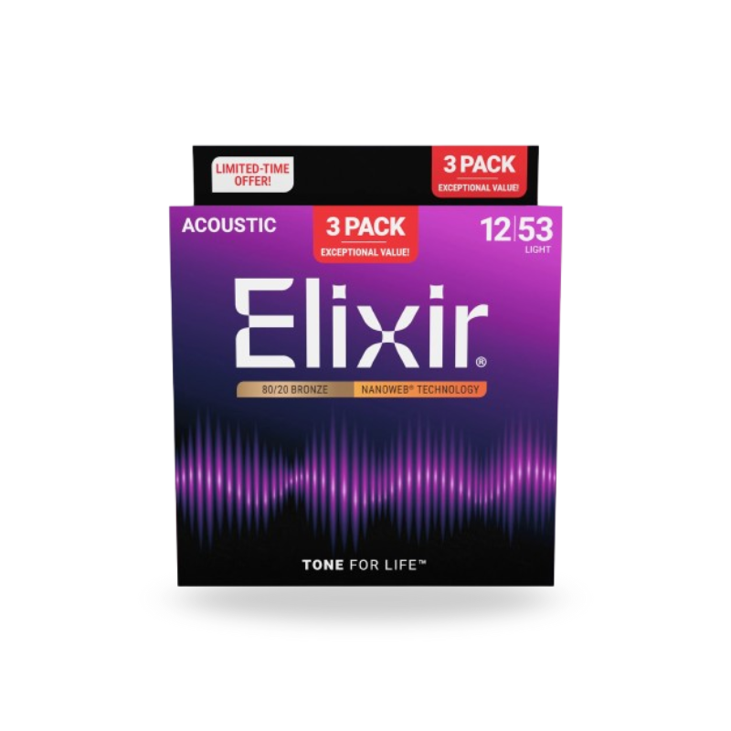 Elixir 16565 Nanoweb 80/20 Bronze Light Acoustic Guitar Strings, 12-53, 3-Pack