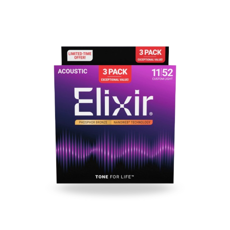 Elixir 16568 Nanoweb Phosphor Bronze Acoustic Guitar Strings, Custom Light, 11-52, 3-Pack