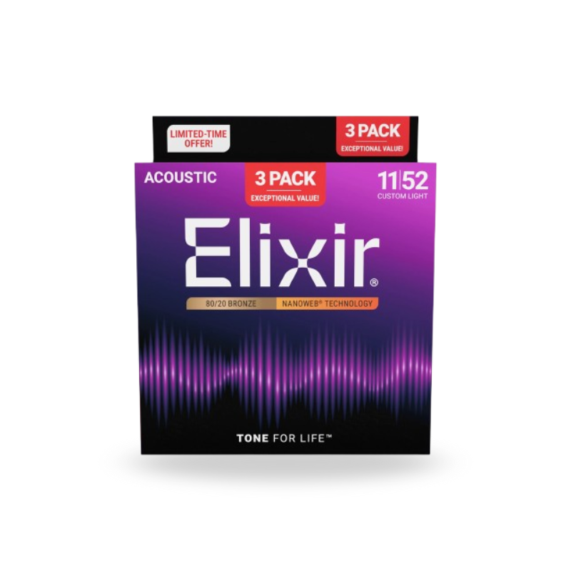 Elixir 16564 Nanoweb 80/20 Bronze Custom Light Acoustic Guitar Strings, 11-52, 3-Pack