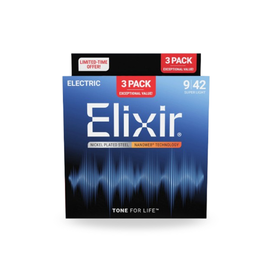 Elixir 16566 Nanoweb Electric Guitar Strings, Super Light, 9-42, 3-Pack