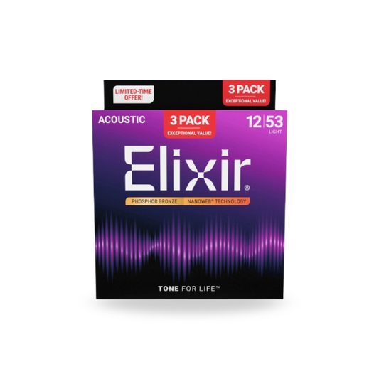 Elixir 16569 Nanoweb Phosphor Bronze Acoustic Guitar Strings, Light, 12-53, 3-Pack